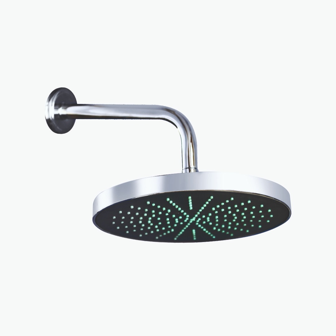 Round overhead shower head with anti-clog nozzles.